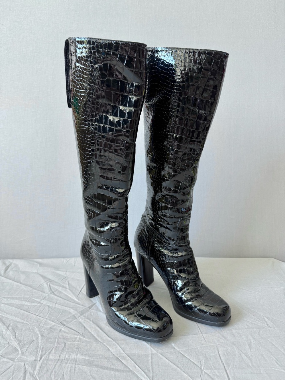 Prada Sport Black Patent Croc-Embossed Knee High Boots with 90mm Heel - Italy